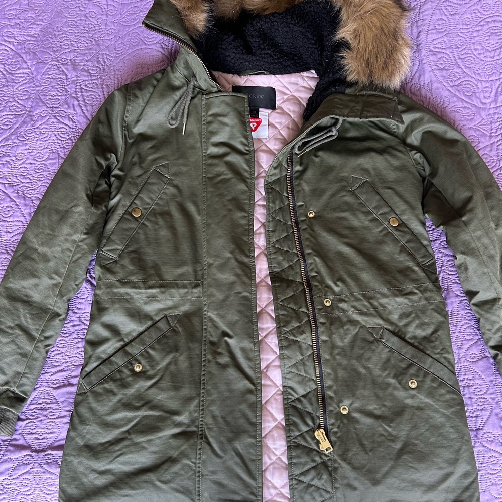 J. Crew Olive Green Utility Parka with Faux Fur Trim